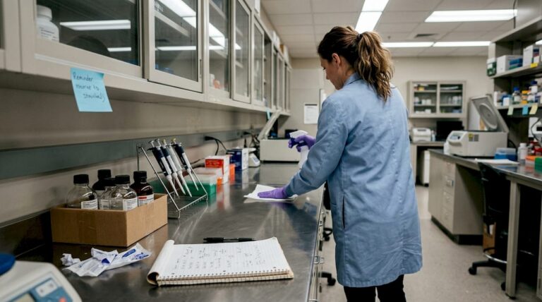 Technician cleaning workbench in busy peptide lab
