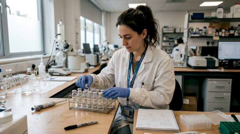 Lab technician handling bacteriostatic water vials
