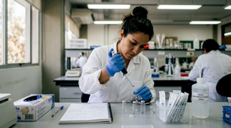 Una técnica realiza la preparación de una solución en el laboratorio de la universidad.