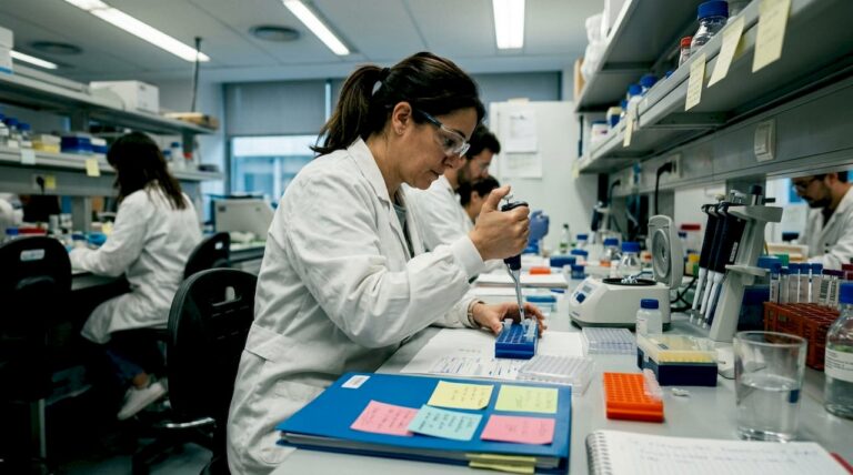 Científica trabajando con muestras de péptidos en el laboratorio
