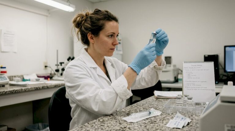 Un technicien examine attentivement un flacon de peptides dans le laboratoire.