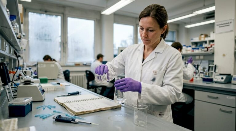 Eine Wissenschaftlerin bereitet im Labor eine Peptidlösung vor.