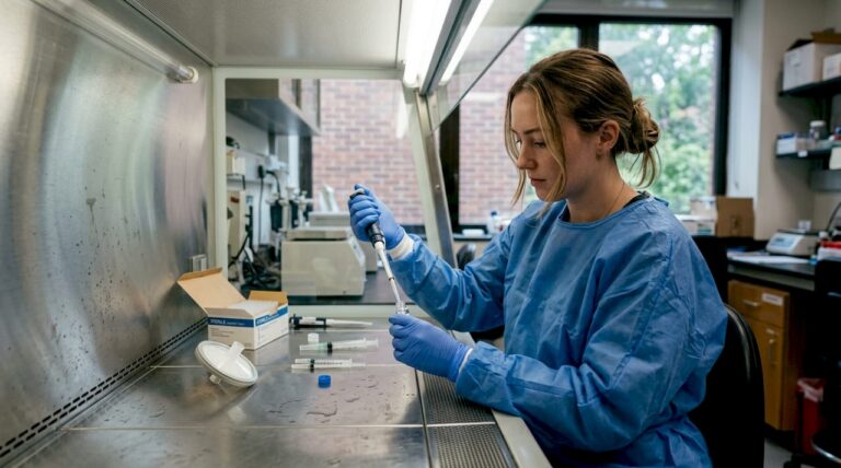 Technician preparing sterile peptide solution in lab