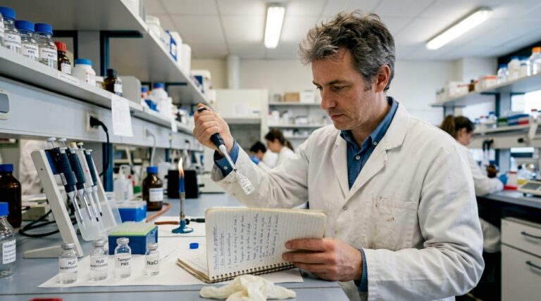 Un scientifique en train de préparer de l’eau bactériostatique dans son laboratoire.