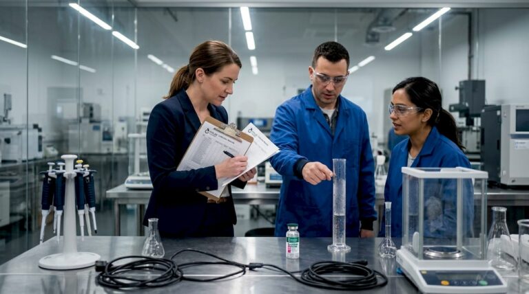 El equipo del laboratorio revisando los registros de control de calidad.