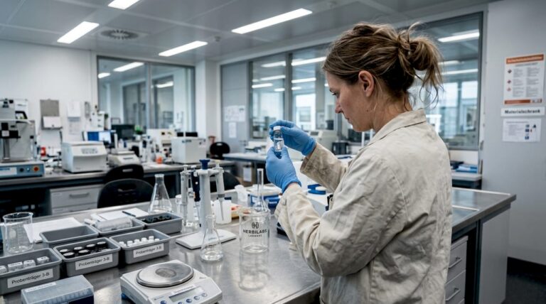 Ein Wissenschaftler prüft im Labor sorgfältig ein Reagenzglas.