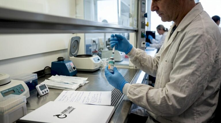 Un chercheur prépare une solution de peptides dans son laboratoire.