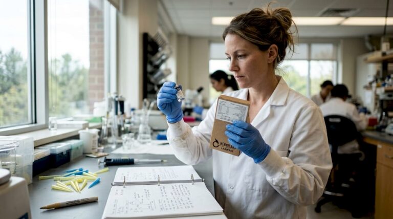 Lab technician verifying product certification label