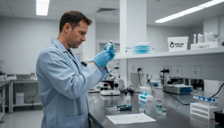 Un technicien en laboratoire en train de préparer une solution d’eau bactériostatique.