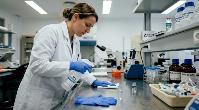 La técnica realiza la limpieza de la mesa en el laboratorio donde se preparan las muestras.