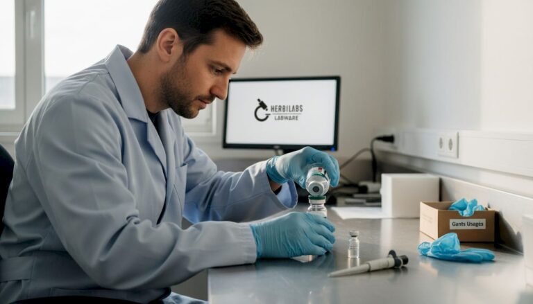 Un technicien prépare un flacon en y versant une solution stérile avec précision.