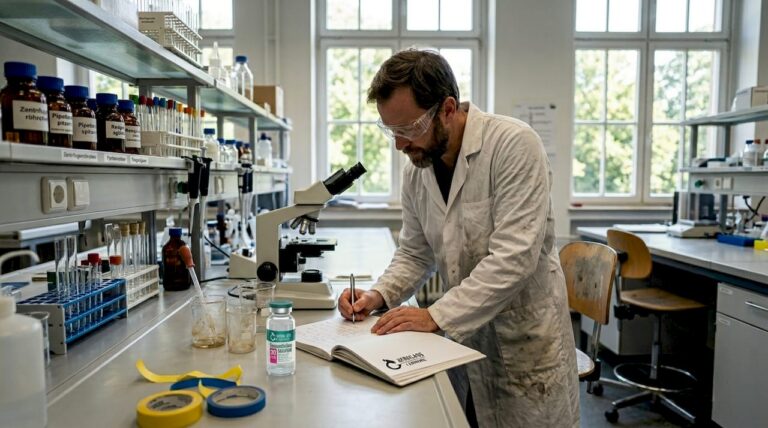 Ein Wissenschaftler hält im Labor sorgfältig seine Messergebnisse fest.