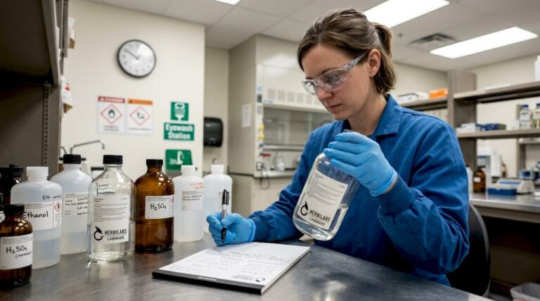 Lab technician checking reagent labels on prep bench