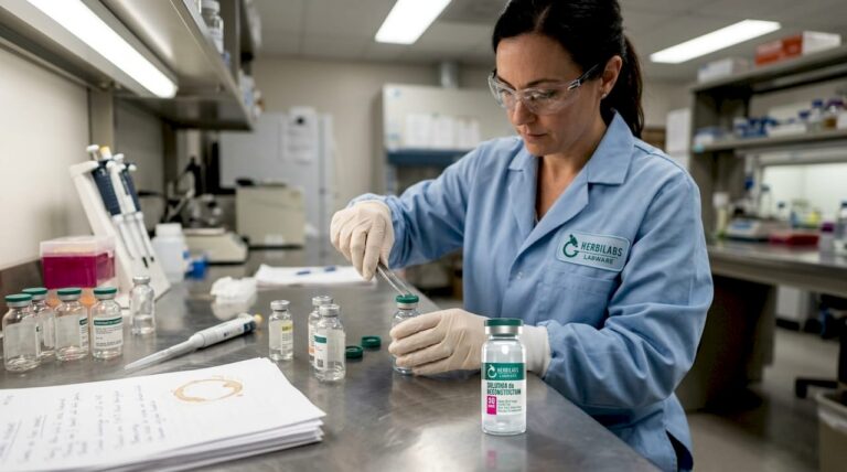Dans son laboratoire, un chercheur s’affaire à préparer des flacons injectables, en veillant à respecter toutes les normes de sécurité.