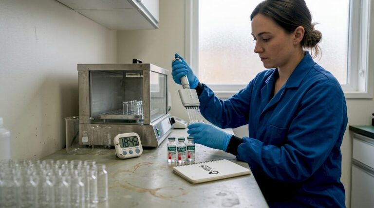 Técnico de laboratorio alistando viales de agua estéril