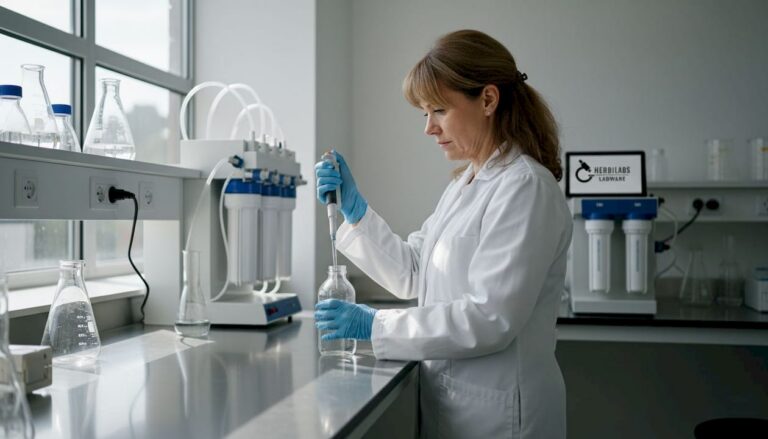 Eine Labormitarbeiterin analysiert eine Wasserprobe in einem hochmodernen Labor.