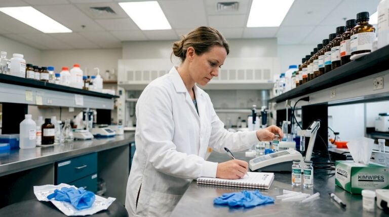 Lab technician calibrates water purity meter