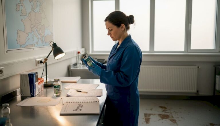 Lab technician checks reagent sourcing in EU