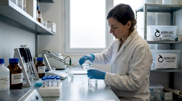 Un technicien verse de l'eau dans un bécher au laboratoire.