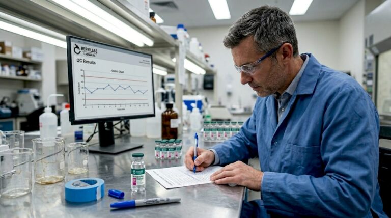 Lab technician fills QC checklist at bench