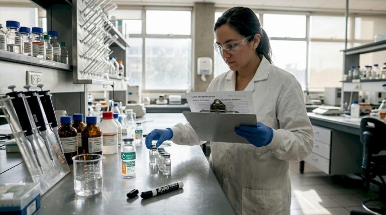 Un técnico de laboratorio examina distintos productos en su mesa de trabajo.
