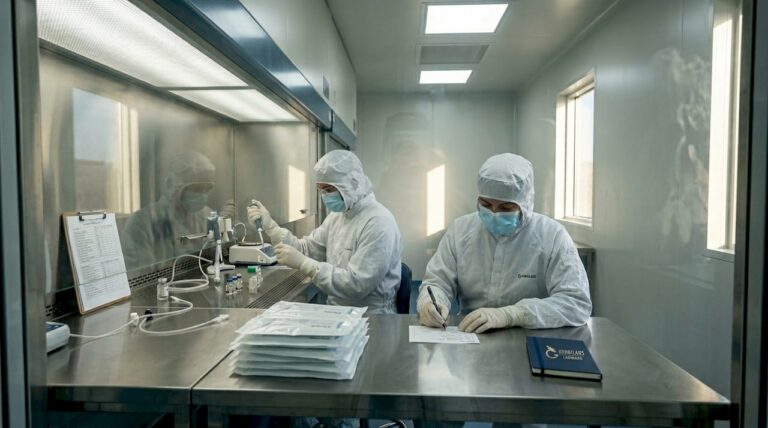 Technicians working in sterile peptide lab cleanroom