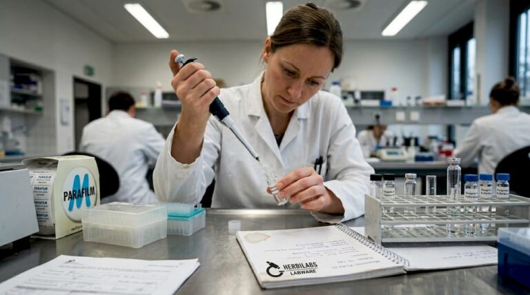 Eine Labormitarbeiterin bereitet mit einer Pipette Wasser für die Herstellung von Peptiden vor.