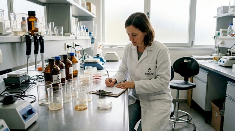 Un técnico toma apuntes mientras trabaja en la mesa del laboratorio.