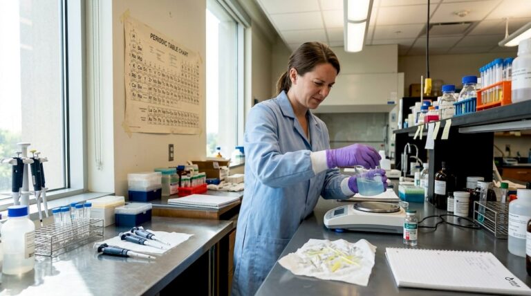 Scientist handling reagents at laboratory bench