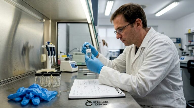 Un especialista analiza un vial de agua esterilizada en el laboratorio para asegurar su calidad.