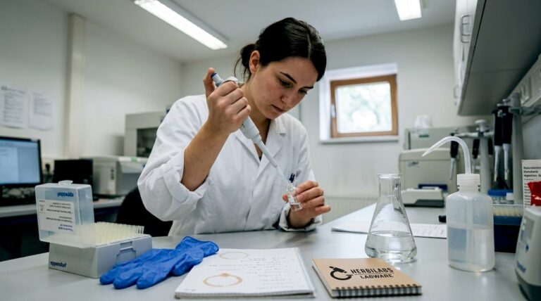 Ein Labortechniker füllt mithilfe einer Pipette eine Lösung in ein Glasgefäß.
