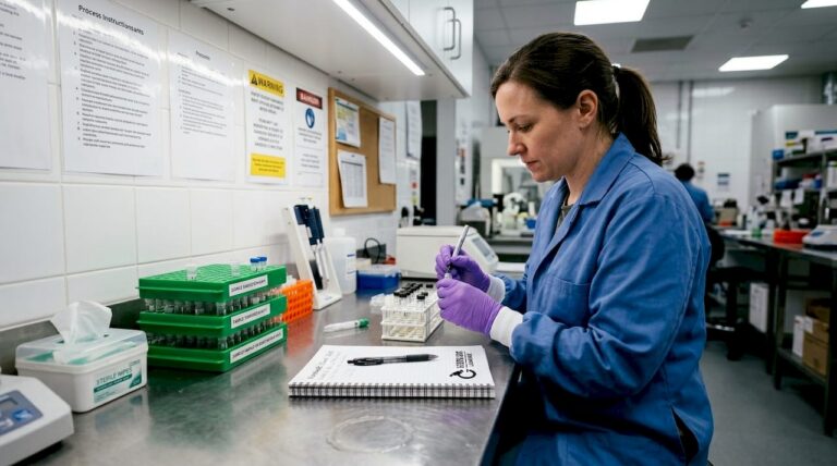 Scientist labeling vials at sterile lab bench