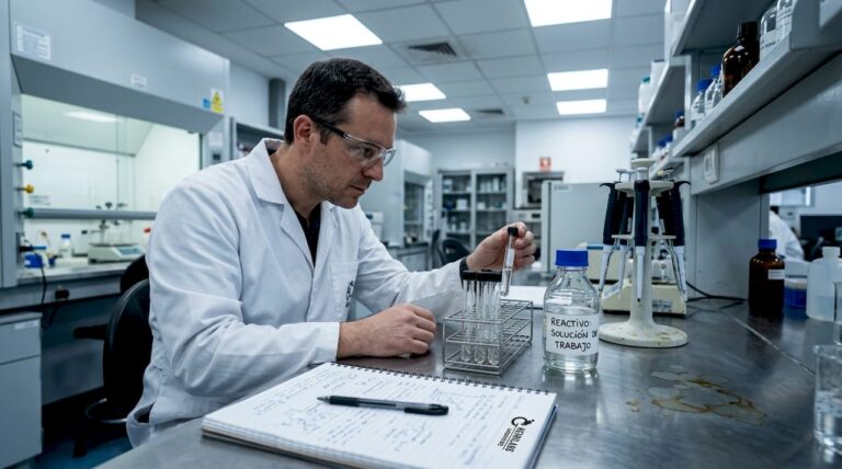 Un científico examina los reactivos sobre la mesa del laboratorio.
