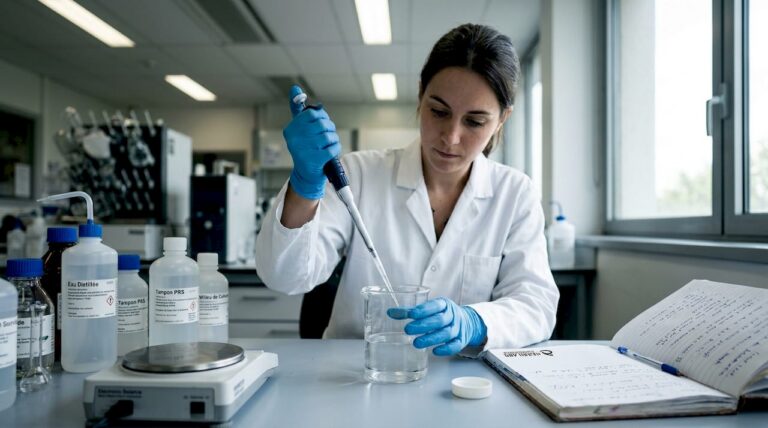 Dans le laboratoire, une chercheuse manipule avec précision une pipette pour prélever de l'eau stérile.