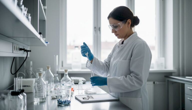 Eine Mitarbeiterin im Labor untersucht eine Wasserprobe auf ihre Qualität.