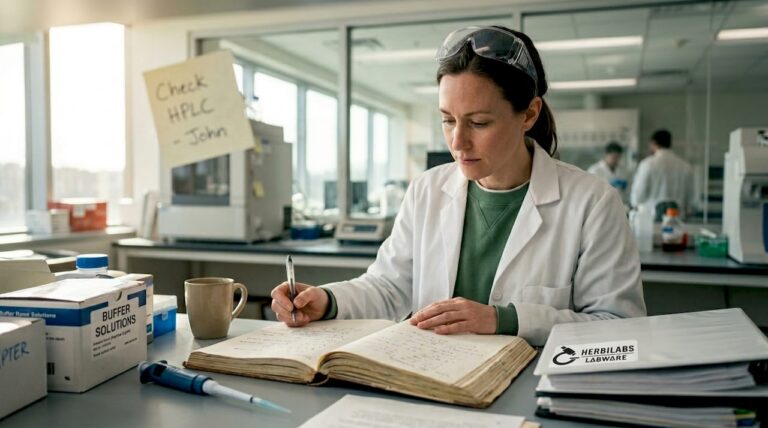 Scientist documenting procedures in laboratory notebook