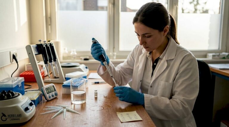 Un technicien prépare la reconstitution d’un peptide dans un laboratoire, en suivant un protocole précis pour garantir la qualité des résultats.