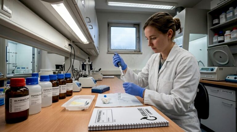 Eine Labormitarbeiterin bereitet eine Peptidprobe für die Analyse vor.