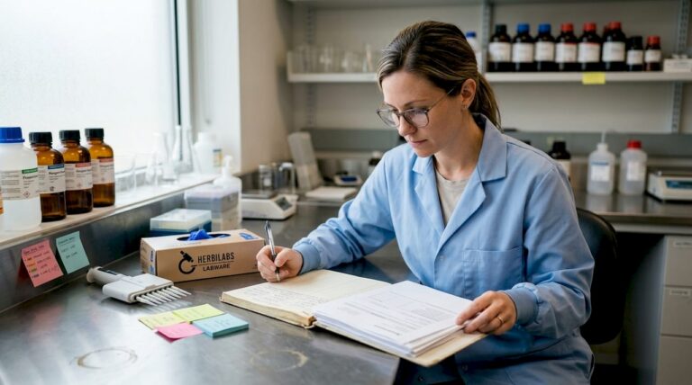 Lab technician reviewing reagent logbook at bench
