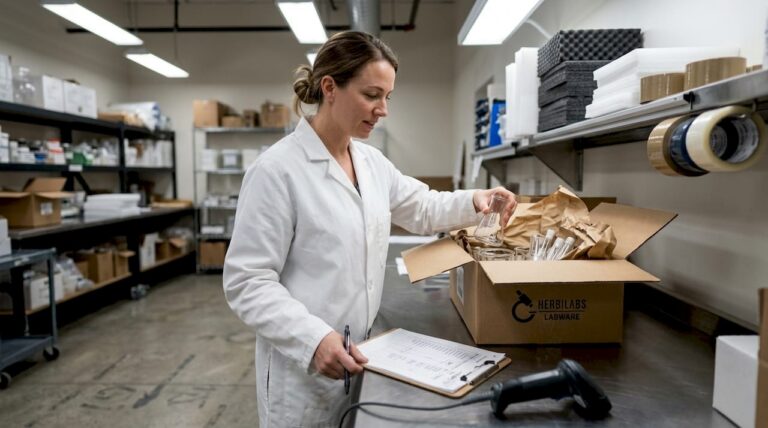 Technician checks labware delivery in lab