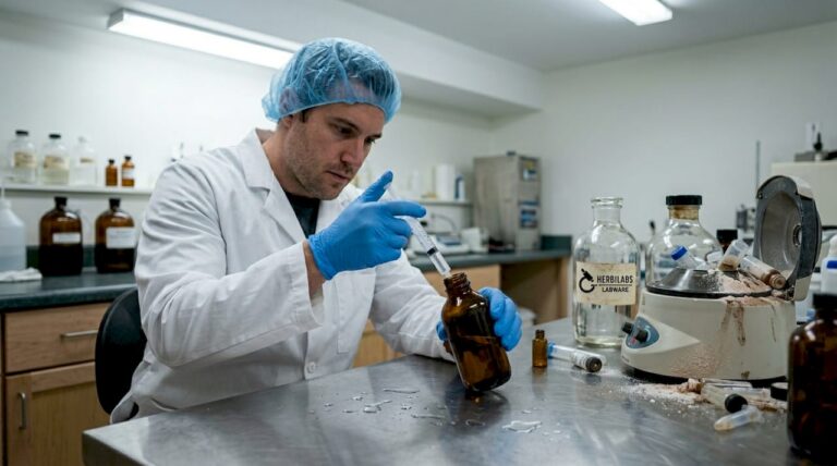 Un técnico prepara un frasco y lo llena con una solución bacteriostática.
