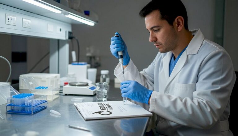 Especialista de laboratorio preparando péptidos cuidadosamente, asegurando máxima precisión en el proceso.