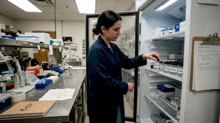 Lab technician placing peptide vials in refrigerator
