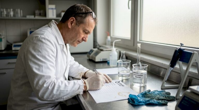 Ein Laborant stellt im Labor sterile Wasserlösungen her.
