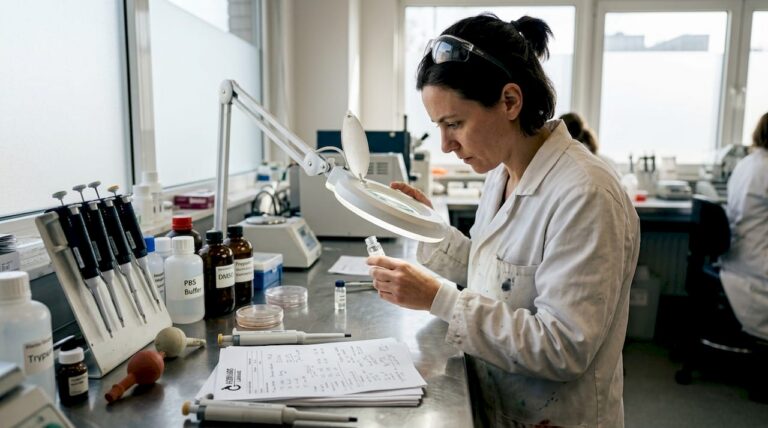 Technician inspecting lab supplies for quality