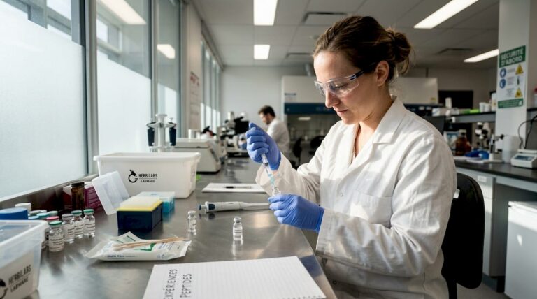 Un technicien s’affaire à la préparation de peptides au sein d’un laboratoire.