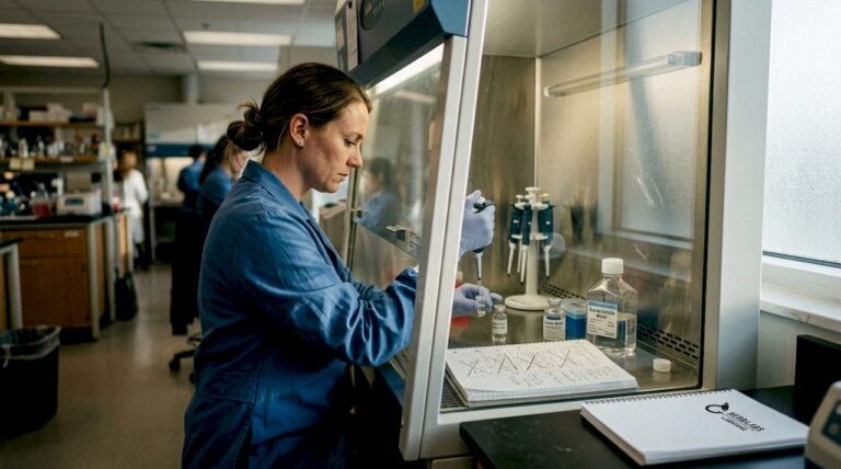 Lab technician preparing peptide solution at biosafety cabinet