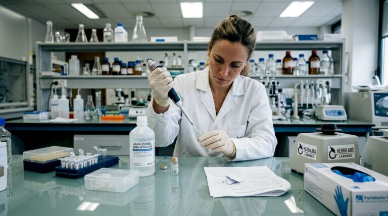 Investigadora manipulando péptidos con agua en el laboratorio