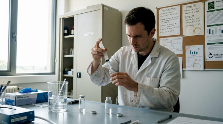 Un chercheur s’affaire à préparer une solution injectable sur sa paillasse de laboratoire.