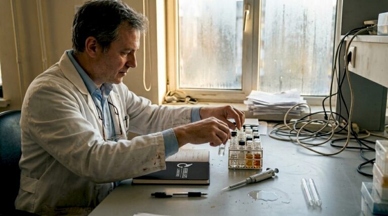 Ein Wissenschaftler ordnet verschiedene Reagenzgläser auf dem Labortisch.